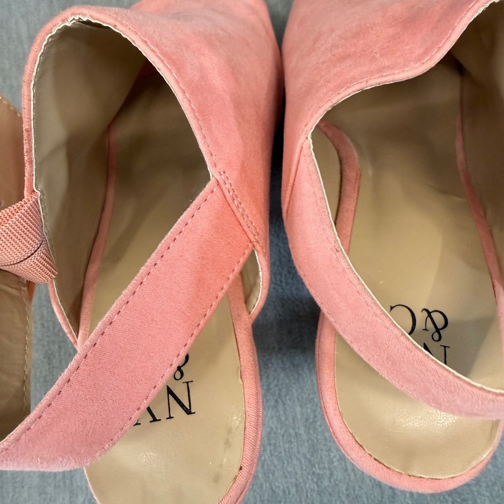 NY&C Platform Sandals 8 Pink Faux Suede Wood Heel CottageCore Peep Toe Coquette - Picture 10 of 10